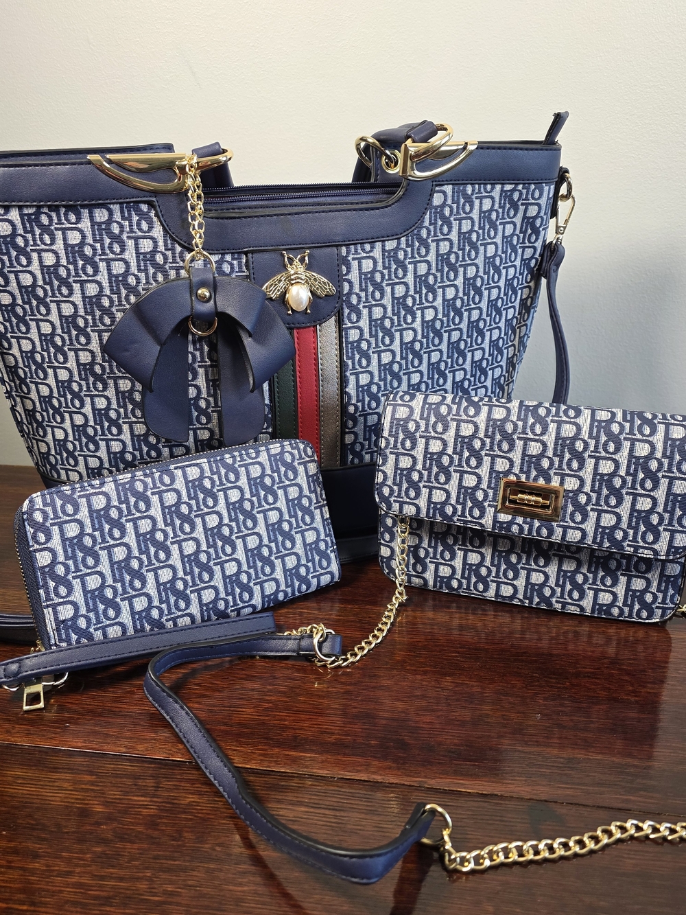 Classic Fashion 3 Piece Navy Monogram Tote Crossbody Wallet Purse Set NWT
